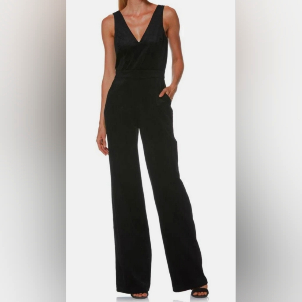 Paige Solid Black Sleeveless Sienne Corduroy V-neck Jumpsuit With Pockets Size 6